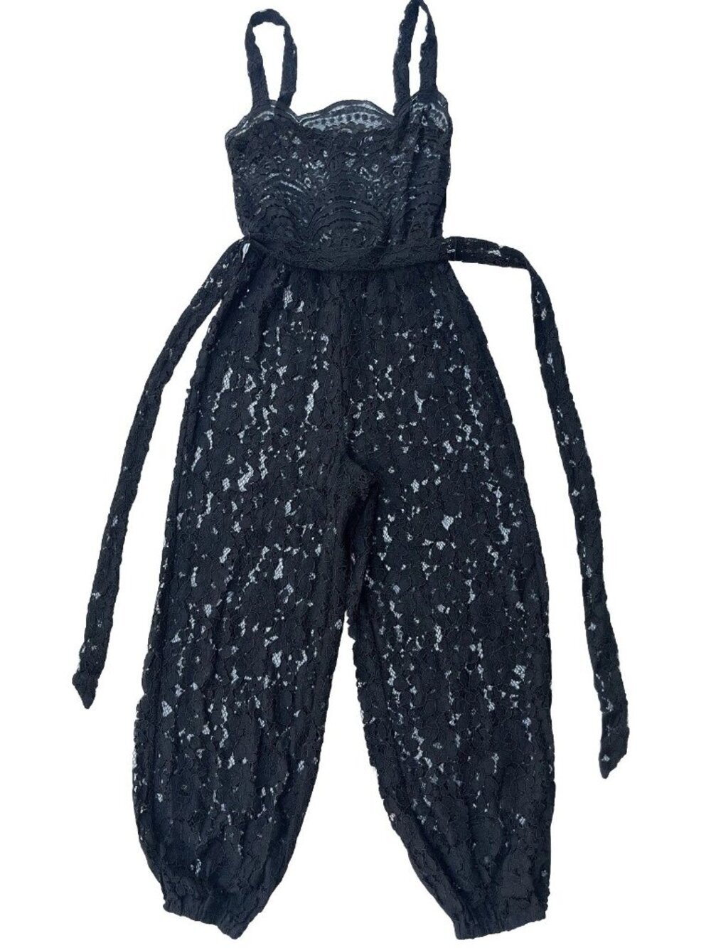 Nasty Gal Black Lace Unlined Belted Jumpsuit NWOT Size S Elastic Waist